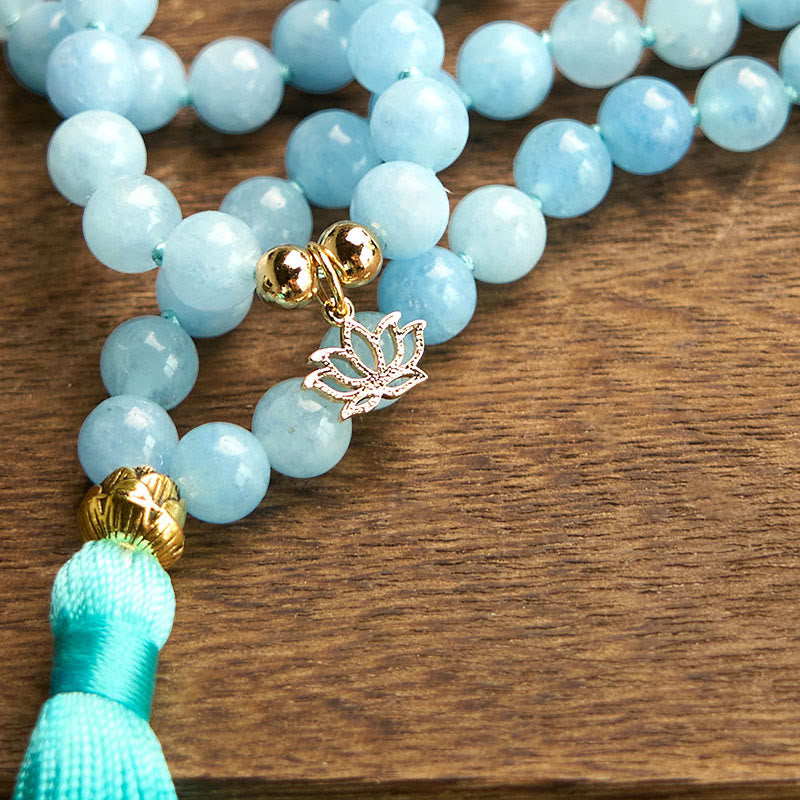 Fortune Jewel 108 Mala Beads Natural Stone Aquamarine Tassel Lotus Healing Bracelet