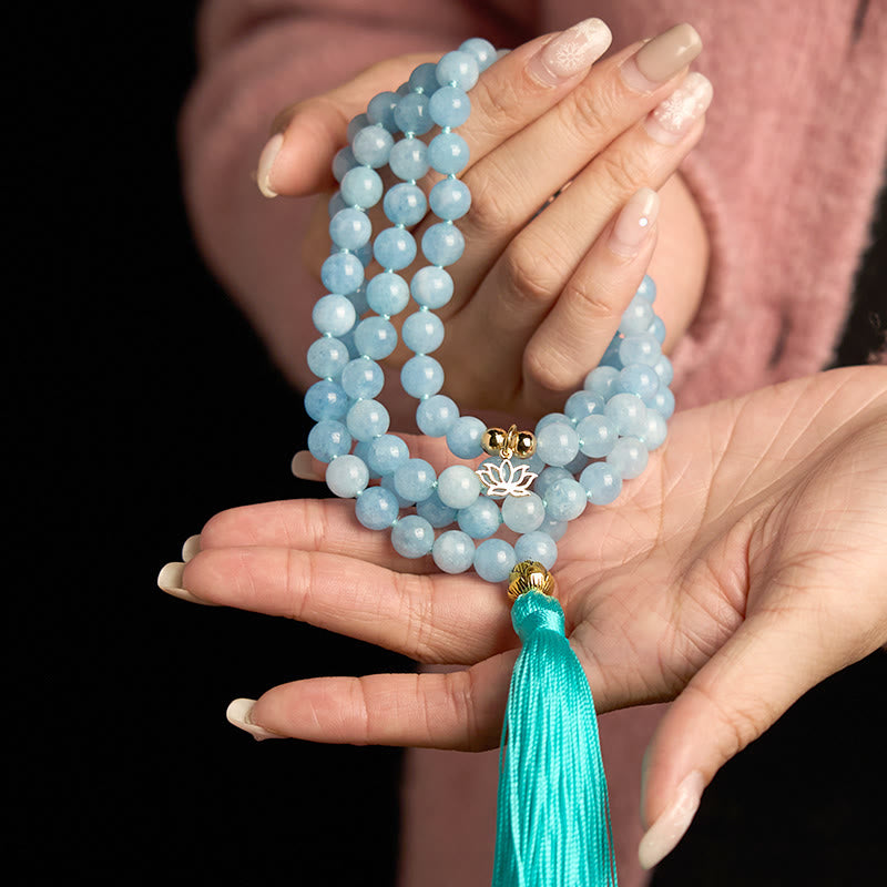Fortune Jewel 108 Mala Beads Natural Stone Aquamarine Tassel Lotus Healing Bracelet