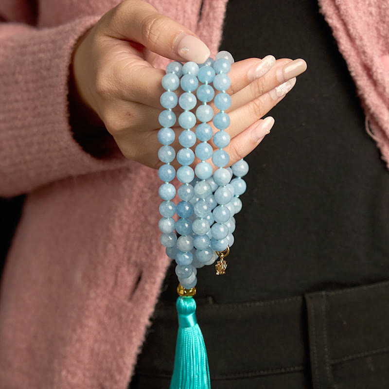 Fortune Jewel 108 Mala Beads Natural Stone Aquamarine Tassel Lotus Healing Bracelet