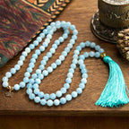 Fortune Jewel 108 Mala Beads Natural Stone Aquamarine Tassel Lotus Healing Bracelet