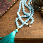 Fortune Jewel 108 Mala Beads Natural Stone Aquamarine Tassel Lotus Healing Bracelet