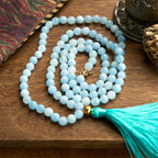 Fortune Jewel 108 Mala Beads Natural Stone Aquamarine Tassel Lotus Healing Bracelet