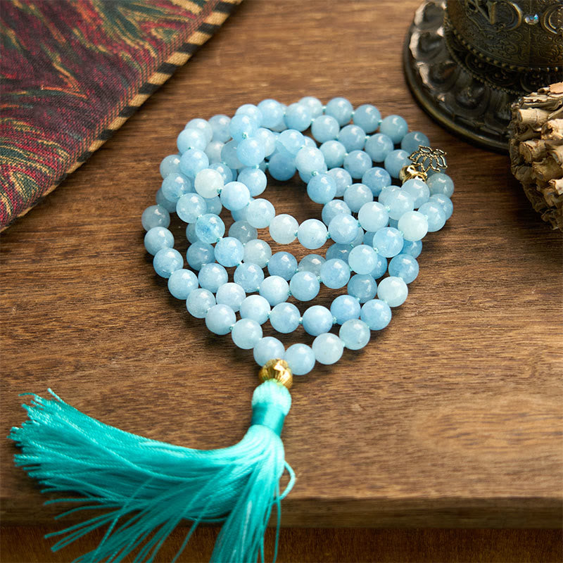 Fortune Jewel 108 Mala Beads Natural Stone Aquamarine Tassel Lotus Healing Bracelet