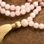 Fortune Jewel 108 Mala Beads Rhodonite Rose Quartz Tassel Healing Bracelet