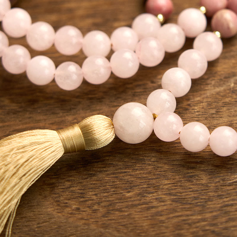 Fortune Jewel 108 Mala Beads Rhodonite Rose Quartz Tassel Healing Bracelet
