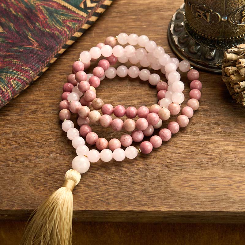 Fortune Jewel 108 Mala Beads Rhodonite Rose Quartz Tassel Healing Bracelet