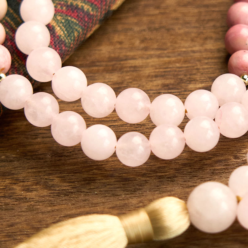 Fortune Jewel 108 Mala Beads Rhodonite Rose Quartz Tassel Healing Bracelet