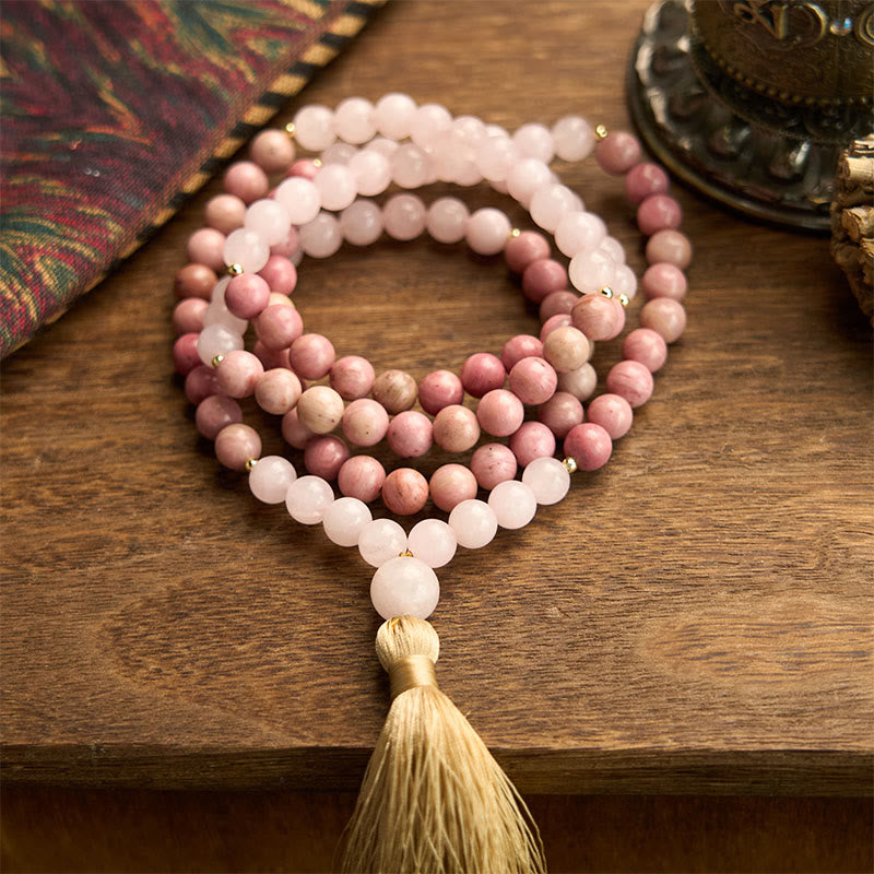 Fortune Jewel 108 Mala Beads Rhodonite Rose Quartz Tassel Healing Bracelet