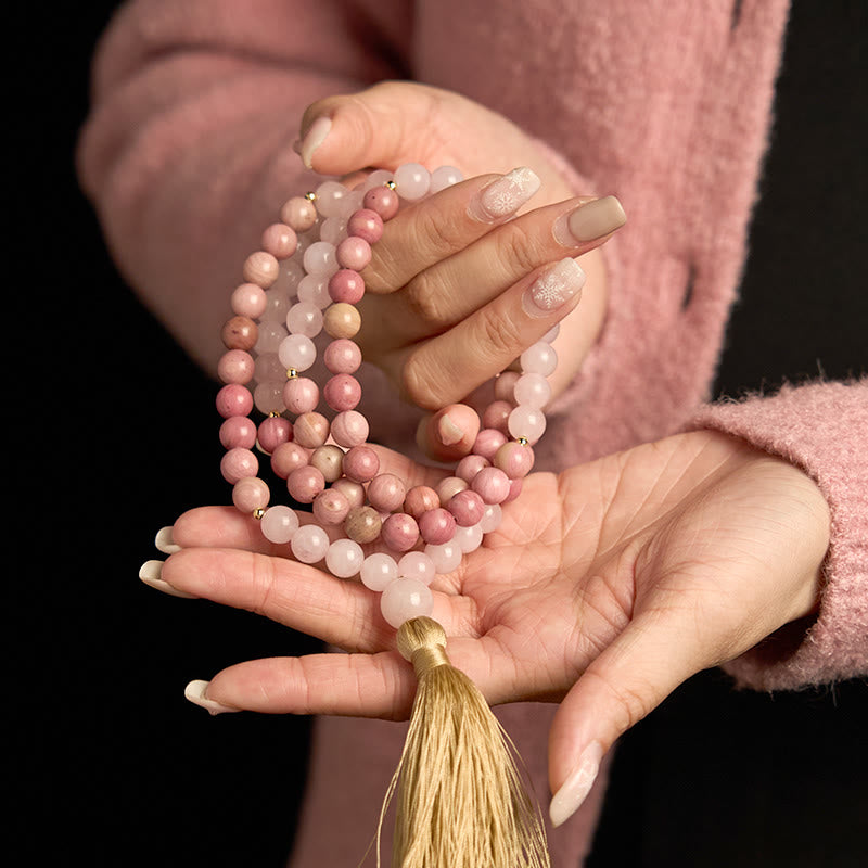 Fortune Jewel 108 Mala Beads Rhodonite Rose Quartz Tassel Healing Bracelet