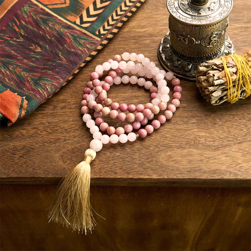 Fortune Jewel 108 Mala Beads Rhodonite Rose Quartz Tassel Healing Bracelet