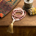 Fortune Jewel 108 Mala Beads Rhodonite Rose Quartz Tassel Healing Bracelet