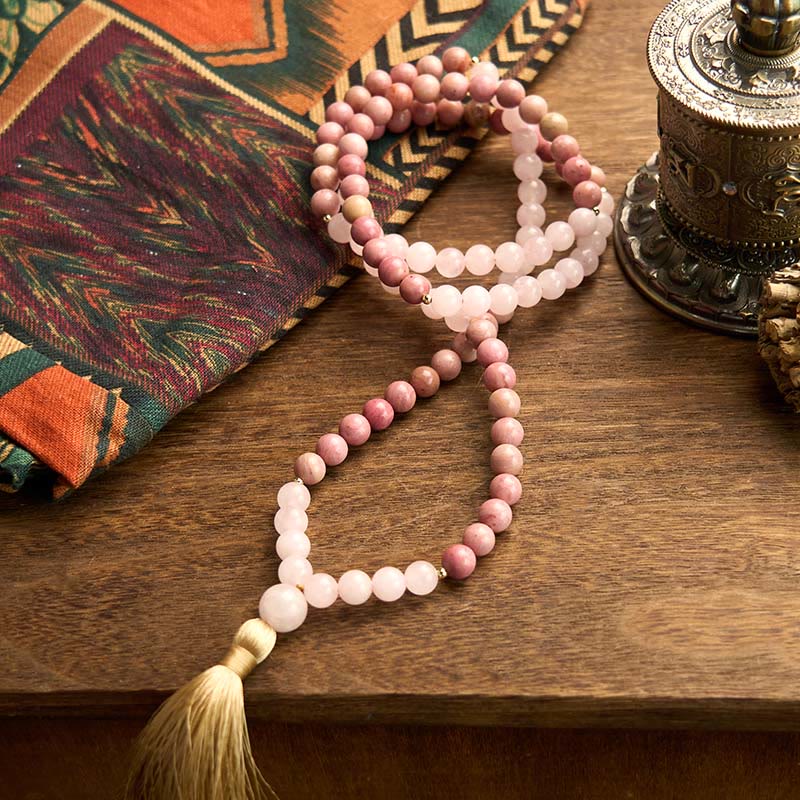 Fortune Jewel 108 Mala Beads Rhodonite Rose Quartz Tassel Healing Bracelet