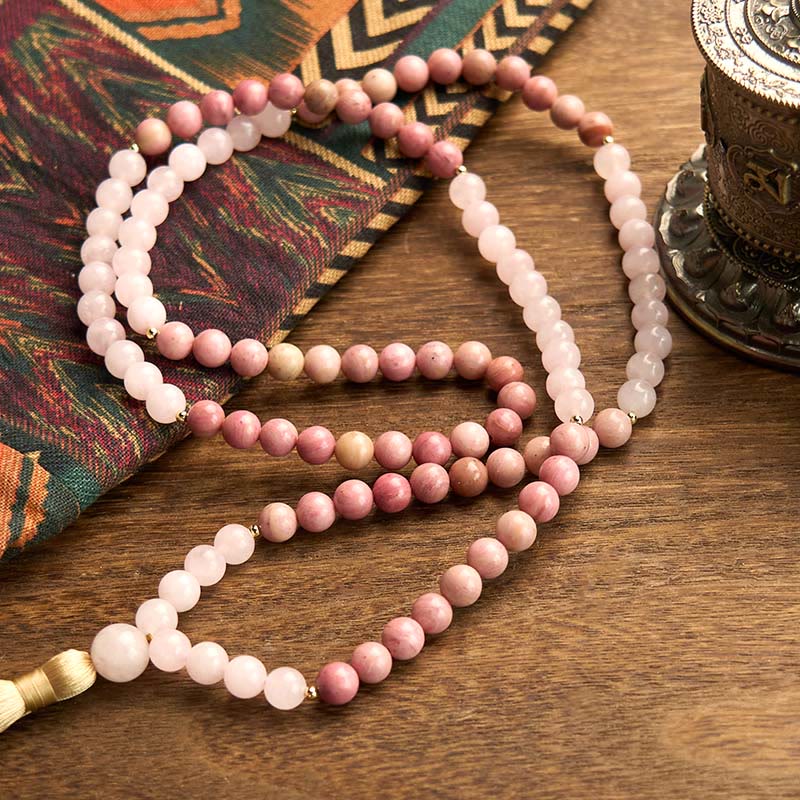 Fortune Jewel 108 Mala Beads Rhodonite Rose Quartz Tassel Healing Bracelet