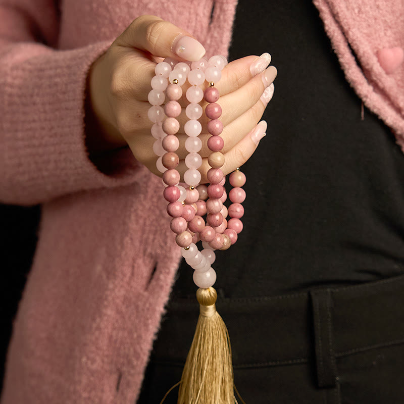Fortune Jewel 108 Mala Beads Rhodonite Rose Quartz Tassel Healing Bracelet