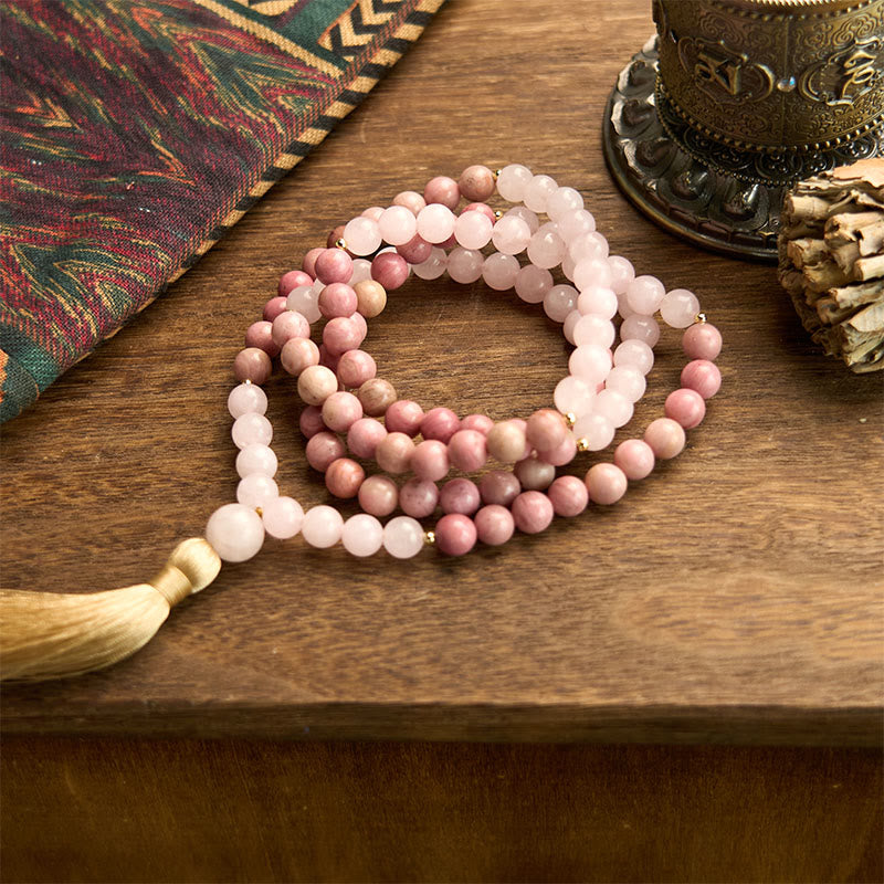 Fortune Jewel 108 Mala Beads Rhodonite Rose Quartz Tassel Healing Bracelet
