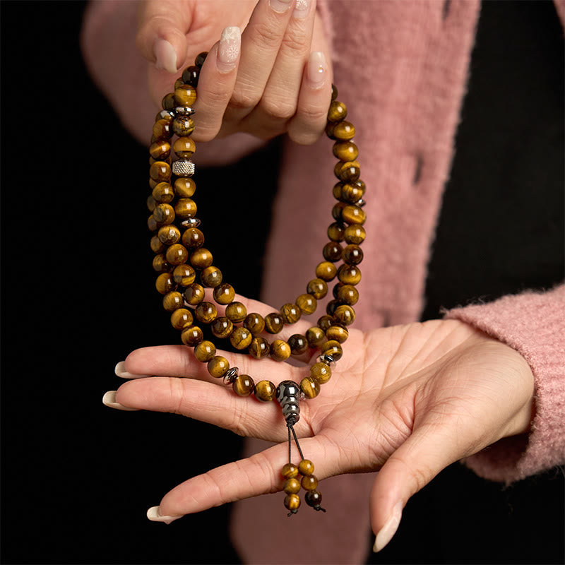 Fortune Jewel 108 Mala Beads Natural Stone Tiger Eye Multi-turn Protection Bracelet