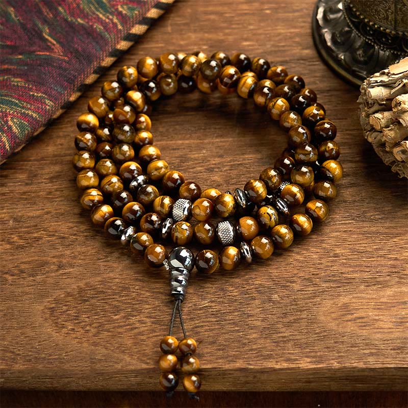 Fortune Jewel 108 Mala Beads Natural Stone Tiger Eye Multi-turn Protection Bracelet