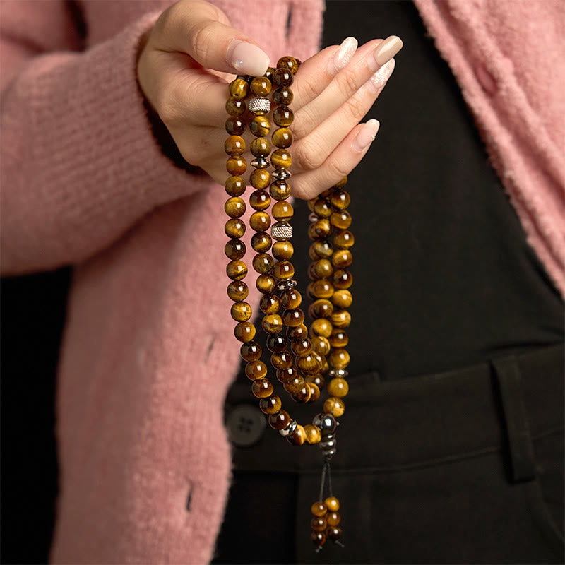 Fortune Jewel 108 Mala Beads Natural Stone Tiger Eye Multi-turn Protection Bracelet