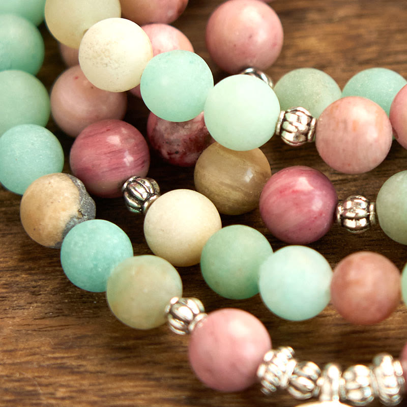 Fortune Jewel 108 Mala Beads Rhodonite Amazonite Lotus Healing Bracelet