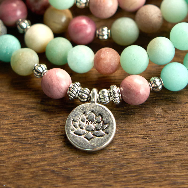 Fortune Jewel 108 Mala Beads Rhodonite Amazonite Lotus Healing Bracelet
