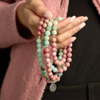 Fortune Jewel 108 Mala Beads Rhodonite Amazonite Lotus Healing Bracelet