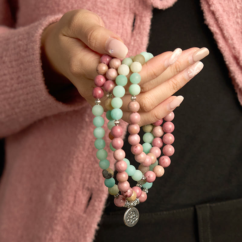 Fortune Jewel 108 Mala Beads Rhodonite Amazonite Lotus Healing Bracelet