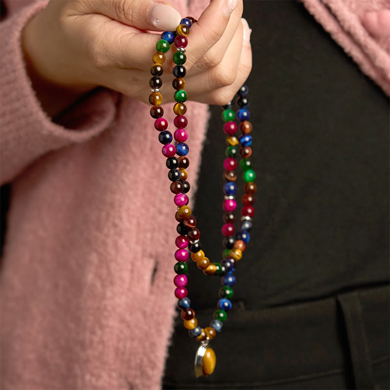 Fortune Jewel 108 Mala Beads Natural Colorful Tiger Eye Stone Multi-turn Protection Bracelet