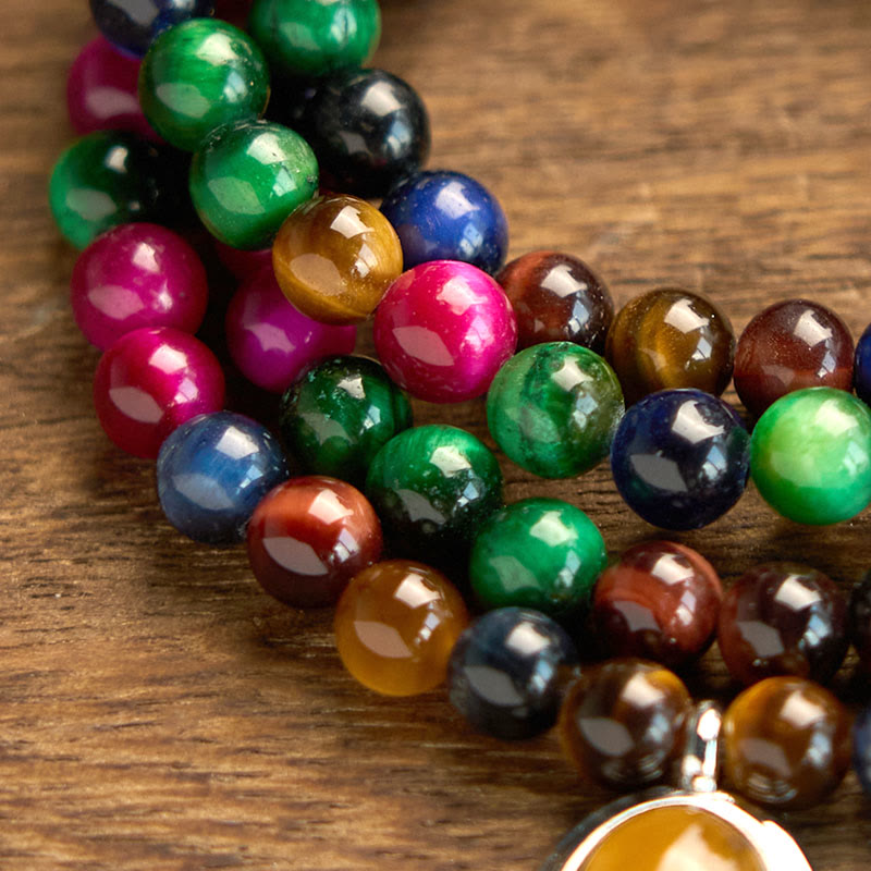 Fortune Jewel 108 Mala Beads Natural Colorful Tiger Eye Stone Multi-turn Protection Bracelet