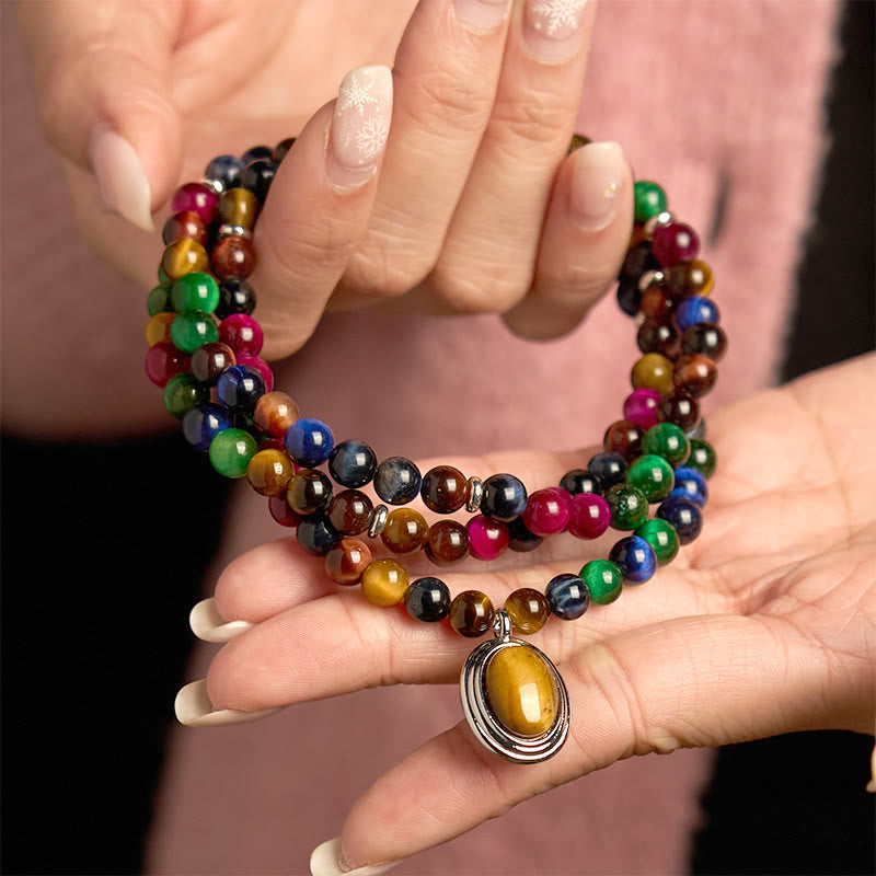 Fortune Jewel 108 Mala Beads Natural Colorful Tiger Eye Stone Multi-turn Protection Bracelet