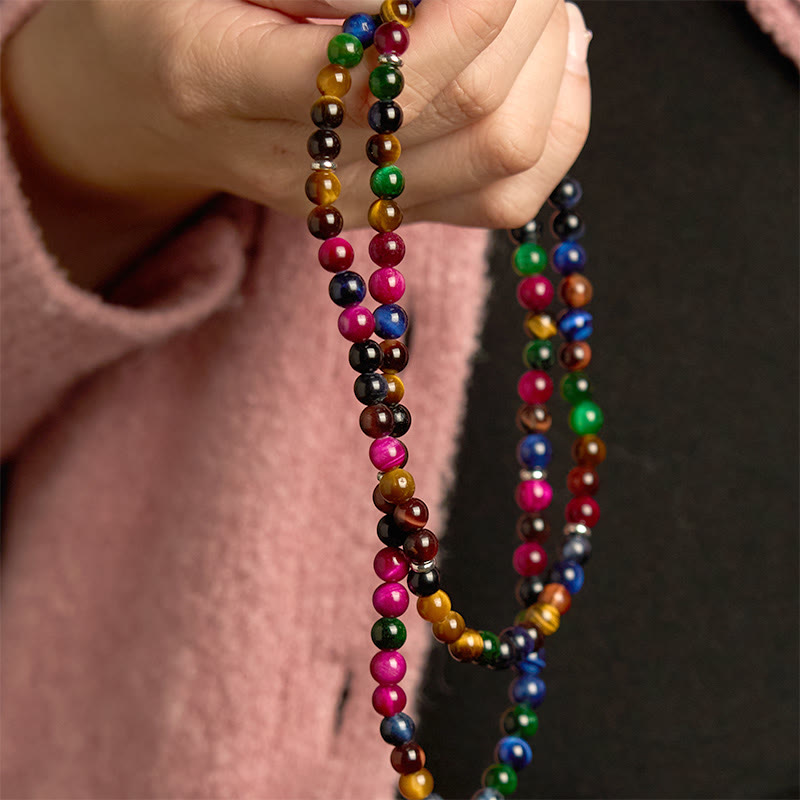Fortune Jewel 108 Mala Beads Natural Colorful Tiger Eye Stone Multi-turn Protection Bracelet