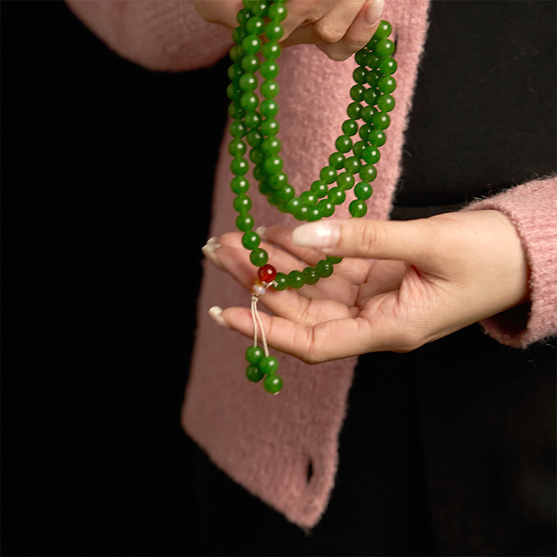 Fortune Jewel 108 Mala Beads Natural Cyan Jade Luck Bracelet