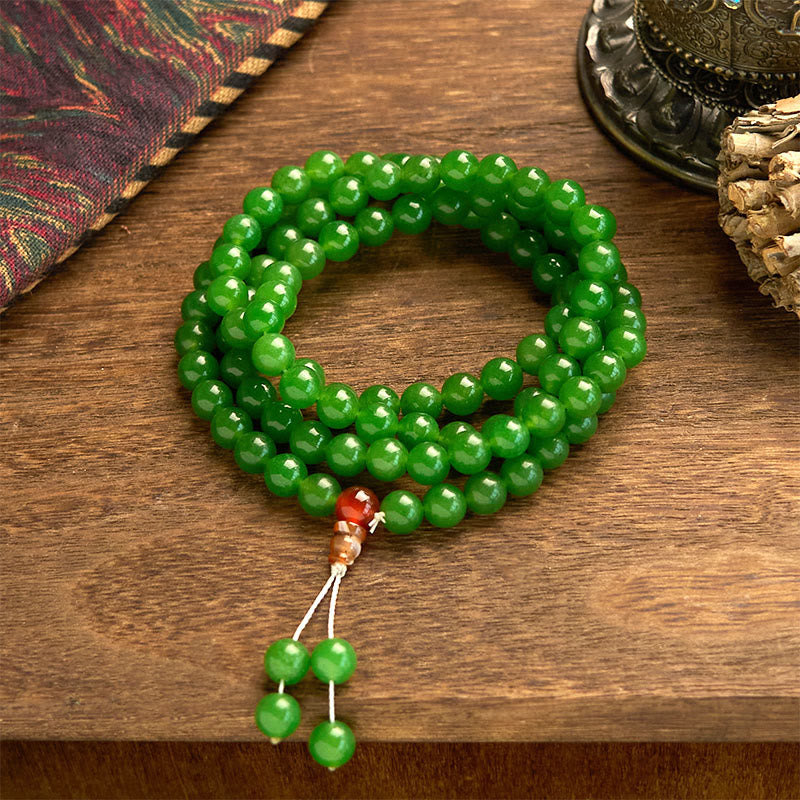 Fortune Jewel 108 Mala Beads Natural Cyan Jade Luck Bracelet
