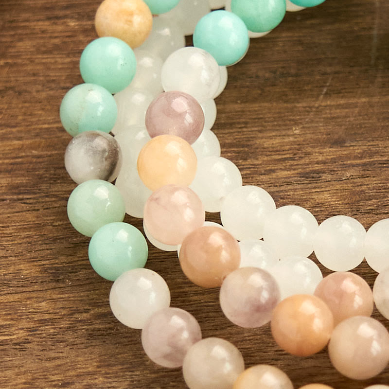 Fortune Jewel 108 Mala Beads Natural White Jade Amazonite White Tassel Healing Bracelet