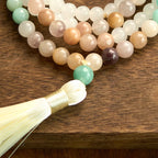 Fortune Jewel 108 Mala Beads Natural White Jade Amazonite White Tassel Healing Bracelet
