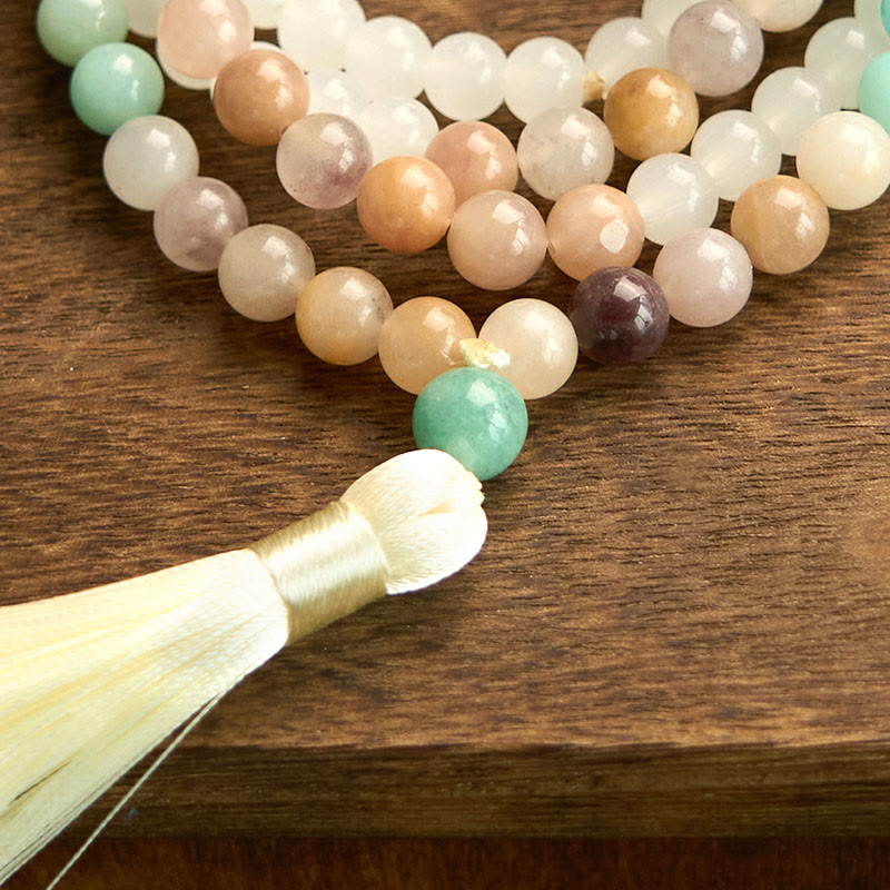 Fortune Jewel 108 Mala Beads Natural White Jade Amazonite White Tassel Healing Bracelet