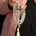 Fortune Jewel 108 Mala Beads Natural White Jade Amazonite White Tassel Healing Bracelet