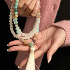 Fortune Jewel 108 Mala Beads Natural White Jade Amazonite White Tassel Healing Bracelet