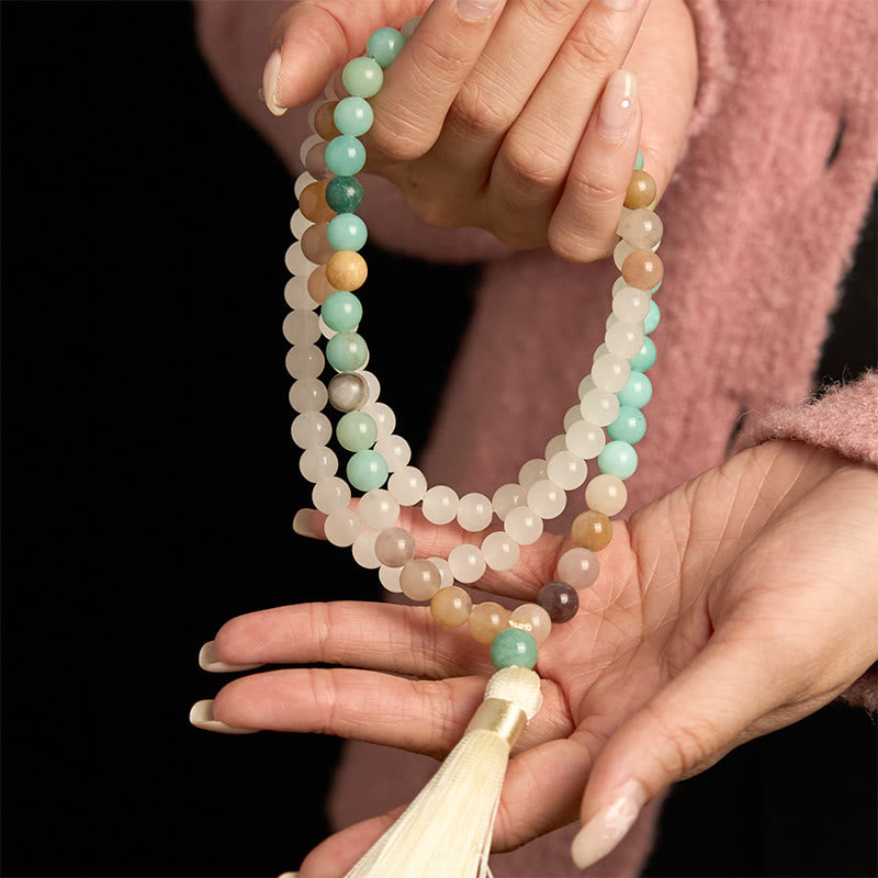 Fortune Jewel 108 Mala Beads Natural White Jade Amazonite White Tassel Healing Bracelet
