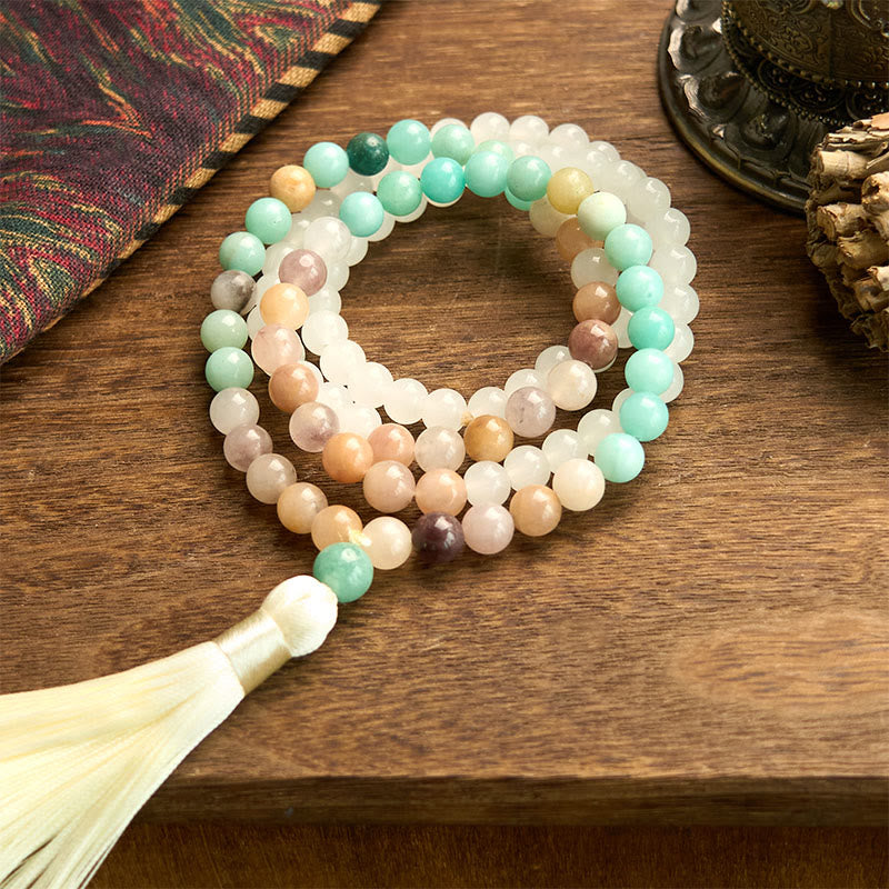 Fortune Jewel 108 Mala Beads Natural White Jade Amazonite White Tassel Healing Bracelet