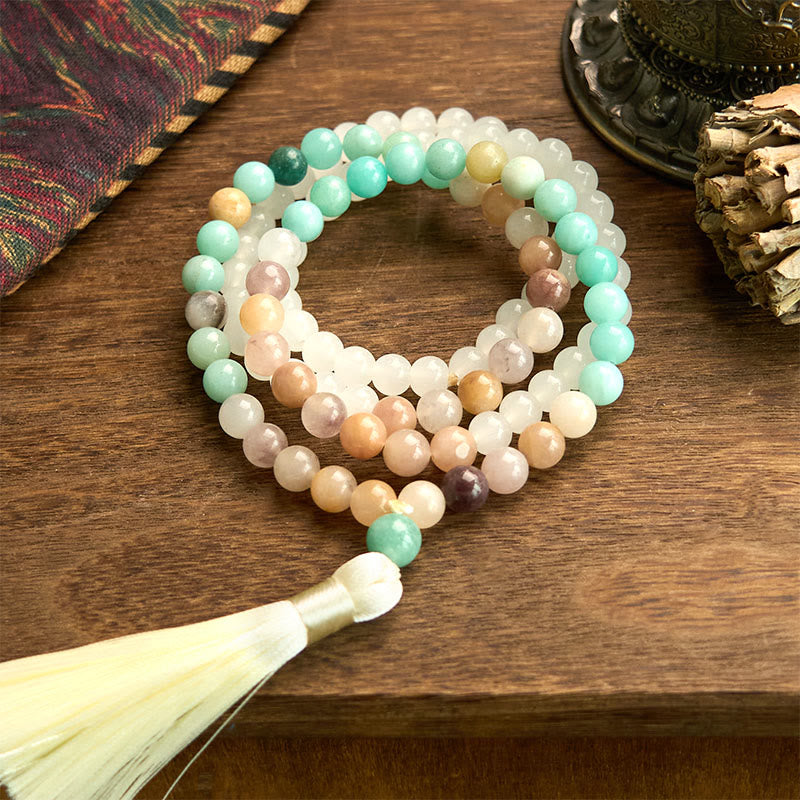 Fortune Jewel 108 Mala Beads Natural White Jade Amazonite White Tassel Healing Bracelet