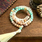 Fortune Jewel 108 Mala Beads Natural White Jade Amazonite White Tassel Healing Bracelet