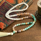 Fortune Jewel 108 Mala Beads Natural White Jade Amazonite White Tassel Healing Bracelet