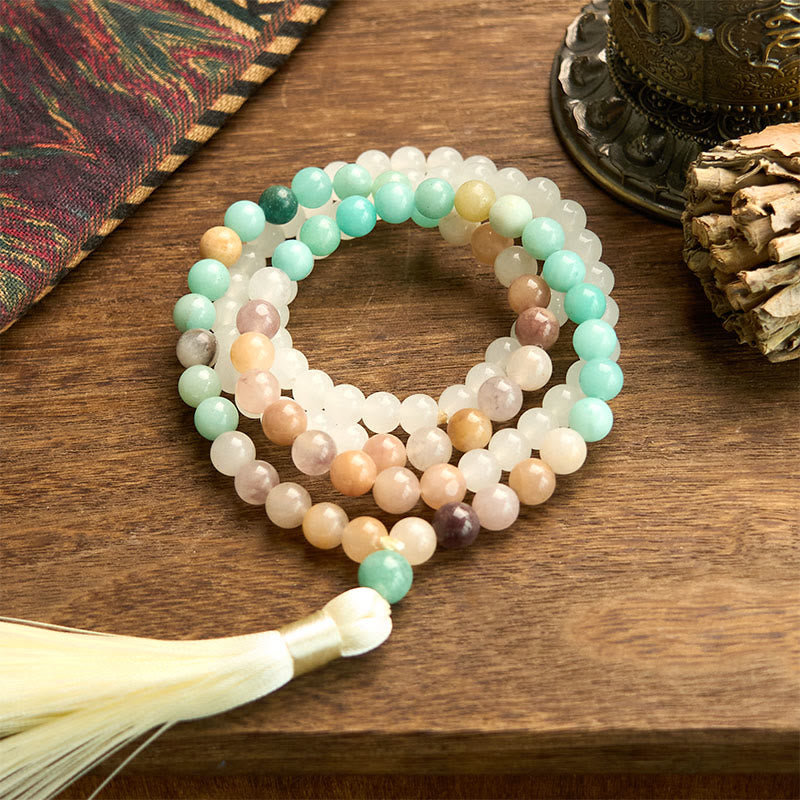 Fortune Jewel 108 Mala Beads Natural White Jade Amazonite White Tassel Healing Bracelet