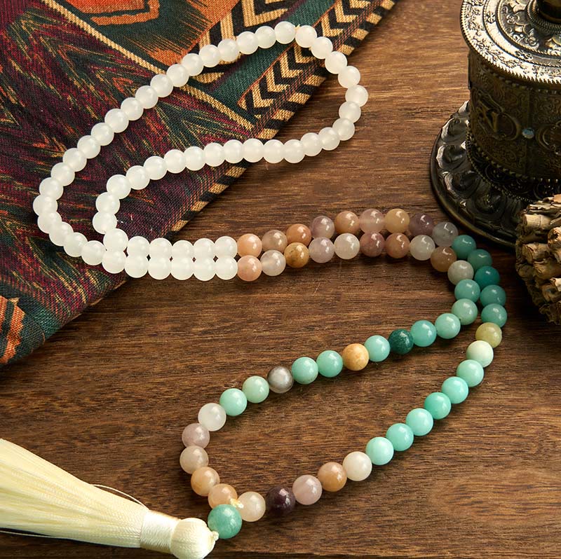 Fortune Jewel 108 Mala Beads Natural White Jade Amazonite White Tassel Healing Bracelet
