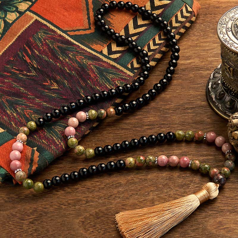Fortune Jewel 108 Mala Beads Black Jasper Rhodonite Khaki Tassel Healing Bracelet