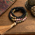 Fortune Jewel 108 Mala Beads Black Jasper Rhodonite Khaki Tassel Healing Bracelet