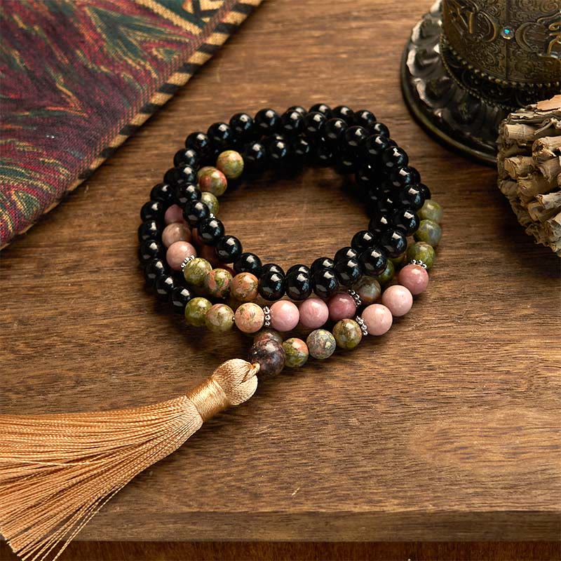 Fortune Jewel 108 Mala Beads Black Jasper Rhodonite Khaki Tassel Healing Bracelet