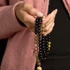 Fortune Jewel 108 Mala Beads Black Jasper Rhodonite Khaki Tassel Healing Bracelet