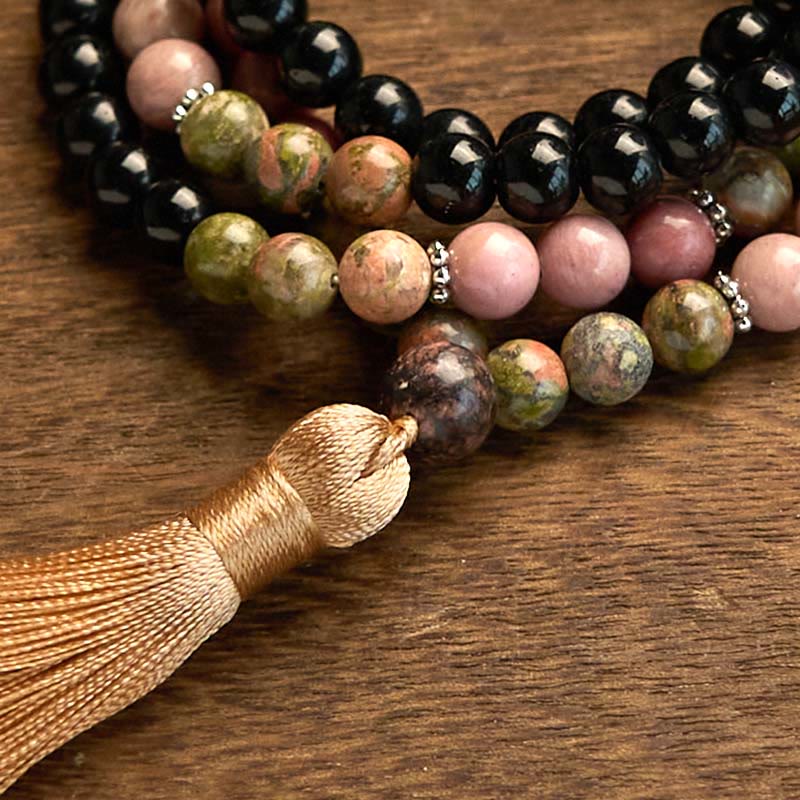 Fortune Jewel 108 Mala Beads Black Jasper Rhodonite Khaki Tassel Healing Bracelet