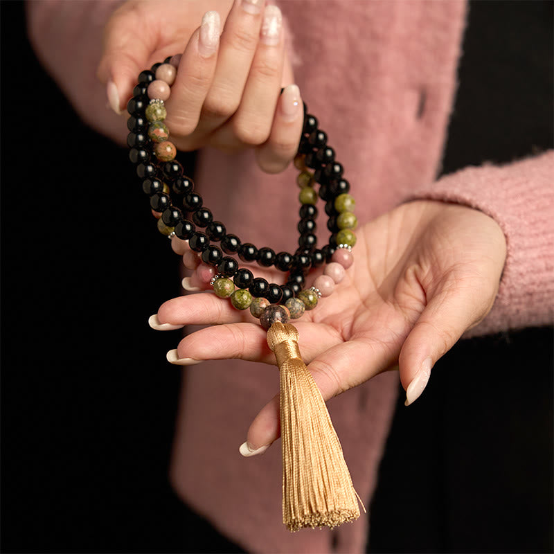 Fortune Jewel 108 Mala Beads Black Jasper Rhodonite Khaki Tassel Healing Bracelet